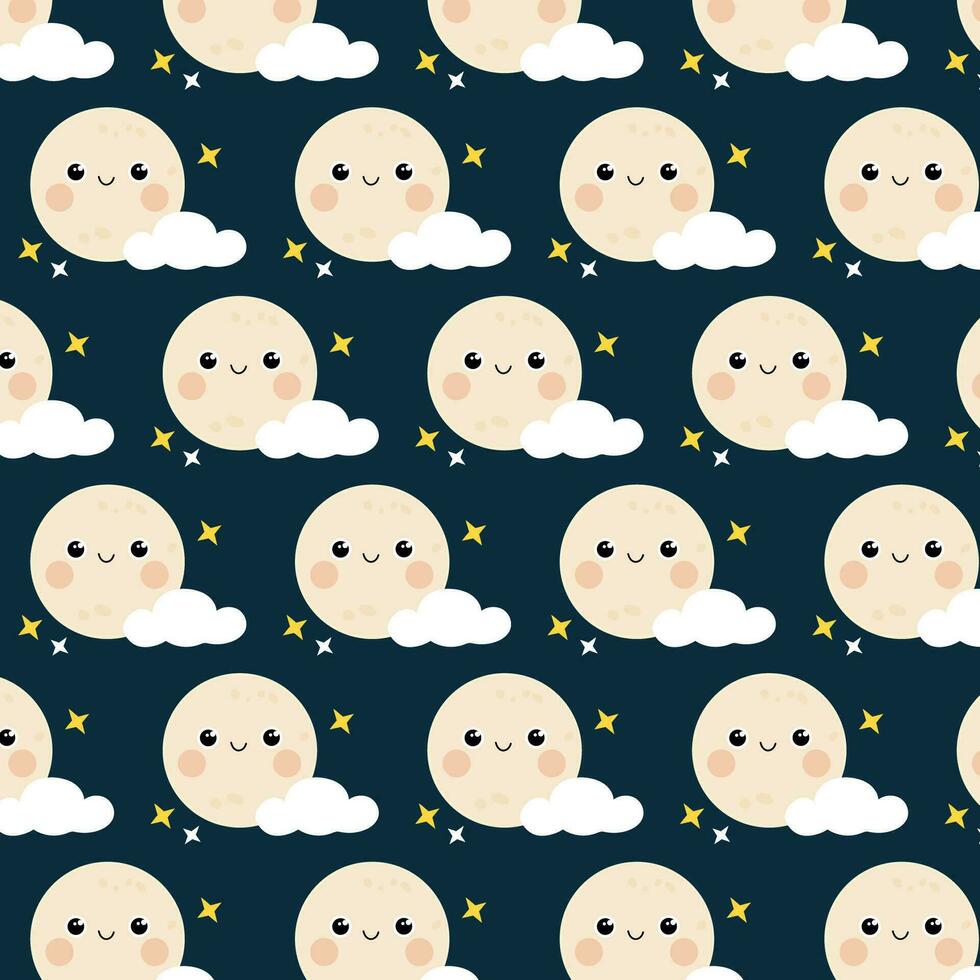 Cute seamless pattern with smiling moon character and clouds. Hand drawn vector design for kids.