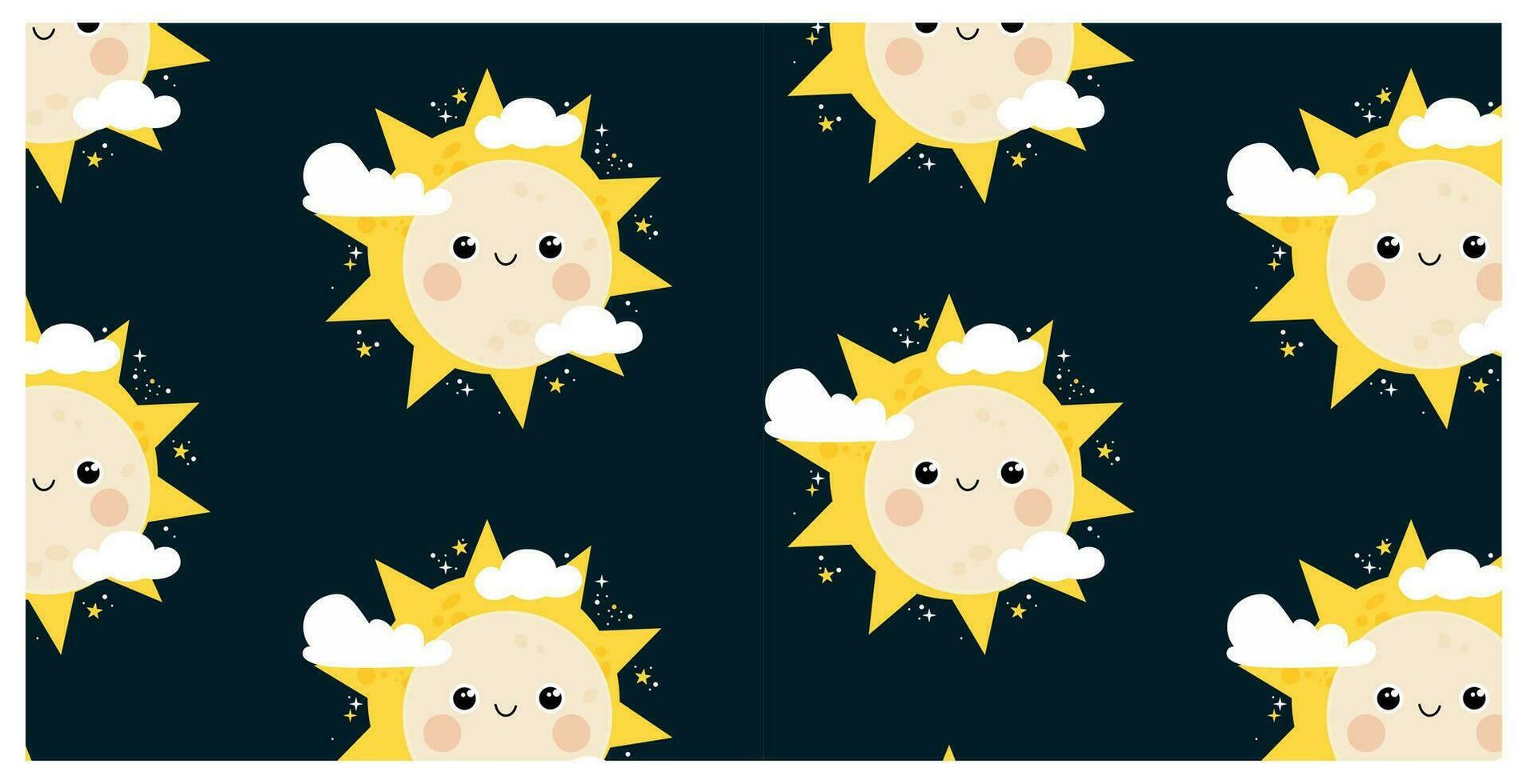 Hand drawn pattern design with cute smiling moon and sun. Seamless vector solar eclipse concept on dark background.