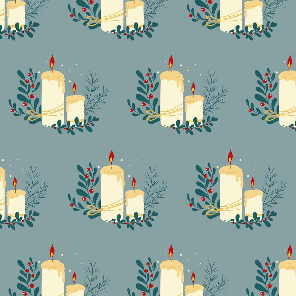 Elegant seamless pattern with warm composition of two candles and winter plants. Hand drawn vector design on grey background.