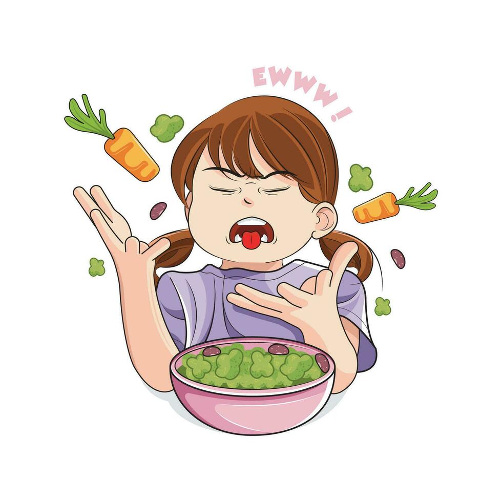 Healthy food. Little girl doesn't like vegetables. Vector illustration