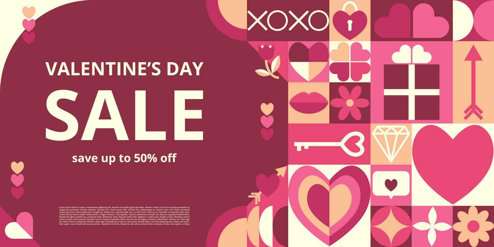 Abstract geometric Valentines day banner on dark background for advertising. Icons with symbols of love, heart, gift, lips, jewel. Trendy design for banner, background, wallpaper, cover, offer vector