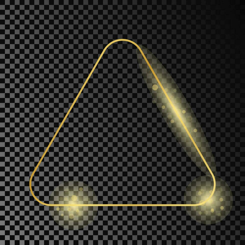 Gold glowing rounded triangle frame isolated on dark background. Shiny frame with glowing effects. Vector illustration.