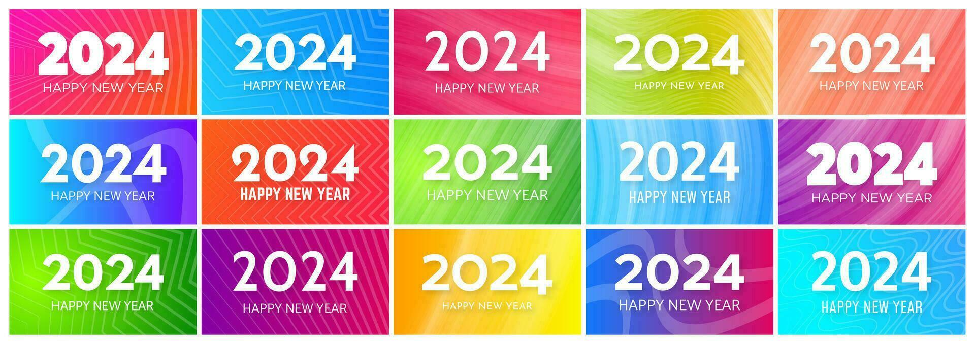 2024 Happy New Year backgrounds.  Big set of modern greeting banner templates with white 2024 New Year numbers on colorful abstract backgrounds with lines. Vector illustration