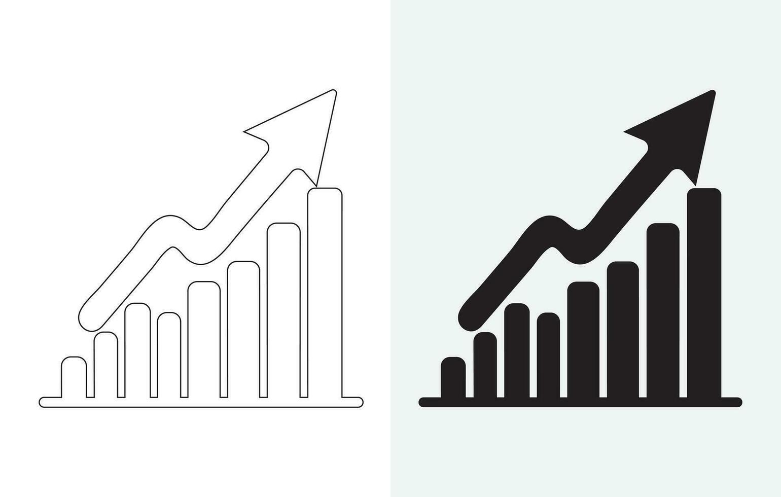 Vector isolated on white and grey background set of single black arrow increasing and pointing up on chart graph bars icon, success graph moving upwards flat design interface infographic element for a