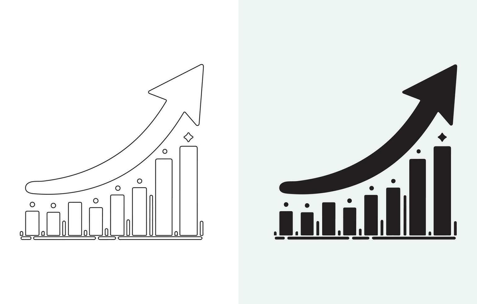 Vector isolated on white and grey background set of single black arrow increasing and pointing up on chart graph bars icon, success graph moving upwards flat design interface infographic element for a