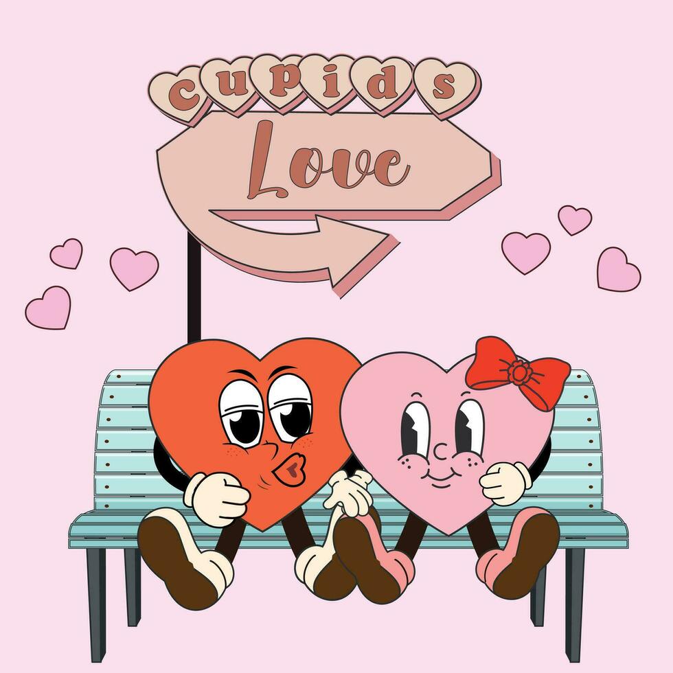 maravilloso encantador carteles con lindo corazones personaje. amor concepto. contento san valentin día saludo tarjeta. miedoso antecedentes en de moda retro 60s 70s dibujos animados estilo. vector ilustración