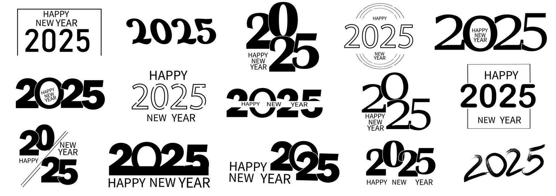 conjunto de 2025 contento nuevo año logo texto diseño. 2025 número diseño modelo. colección de 2025 contento nuevo año simbolos vector ilustración con negro etiquetas