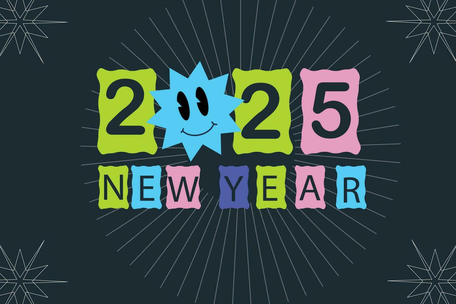 Happy New Year 2025 Poster in Brutalism Style. Retro Y2K Stickers