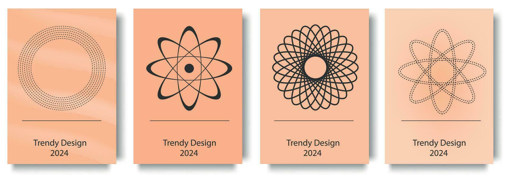 Geometric cover brochure set in fashionable Color 2024 Peach Fuzz design. Poster templates with abstract simple minimal forms of squares, circles, arrows, dots and halftone prints, curves and lines. vector