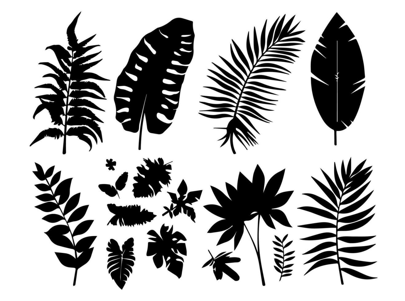 Set of black silhouettes of leaves and flowers. Vector illustration.