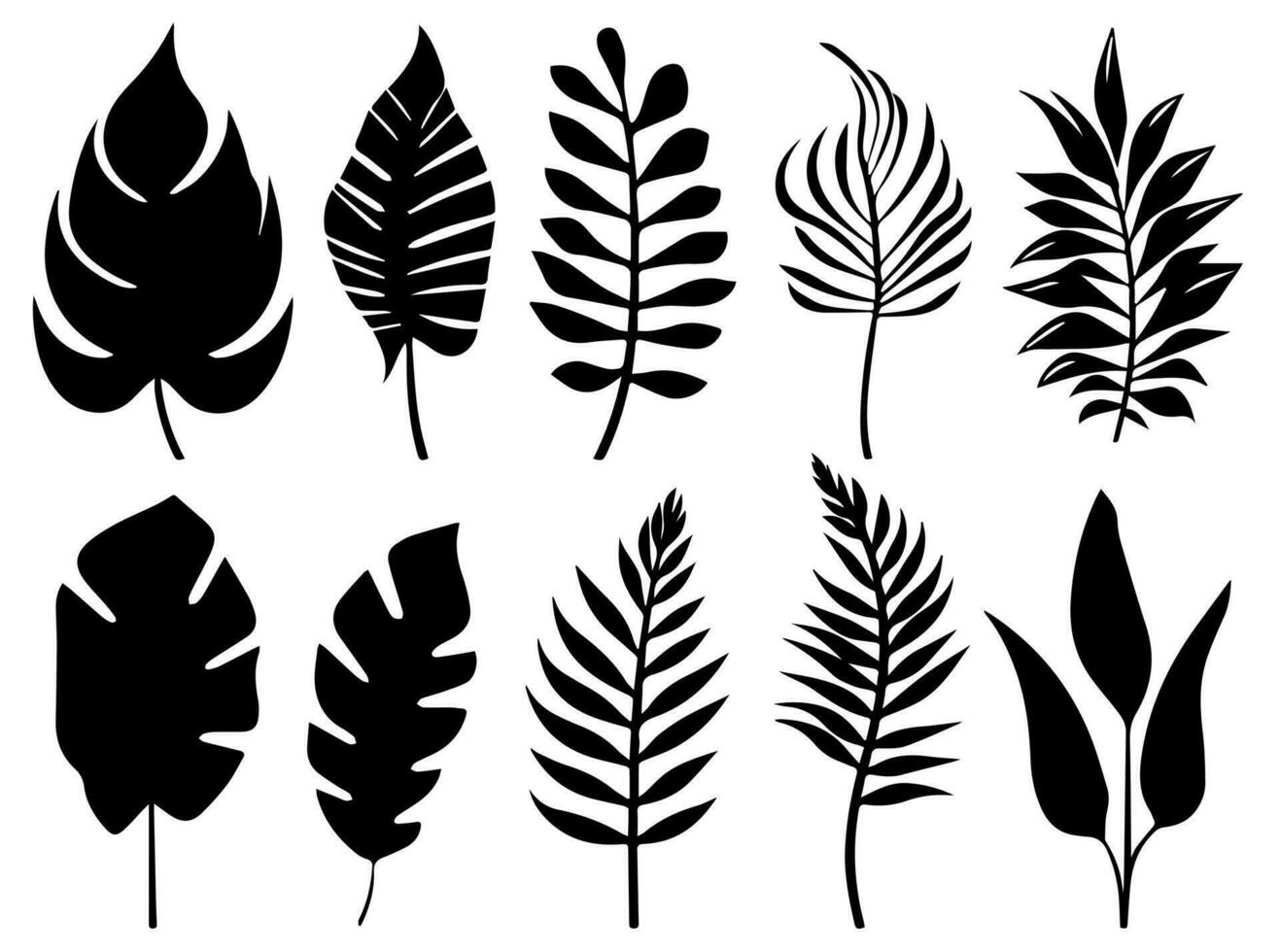 Set of black silhouettes of leaves and flowers. Vector illustration.