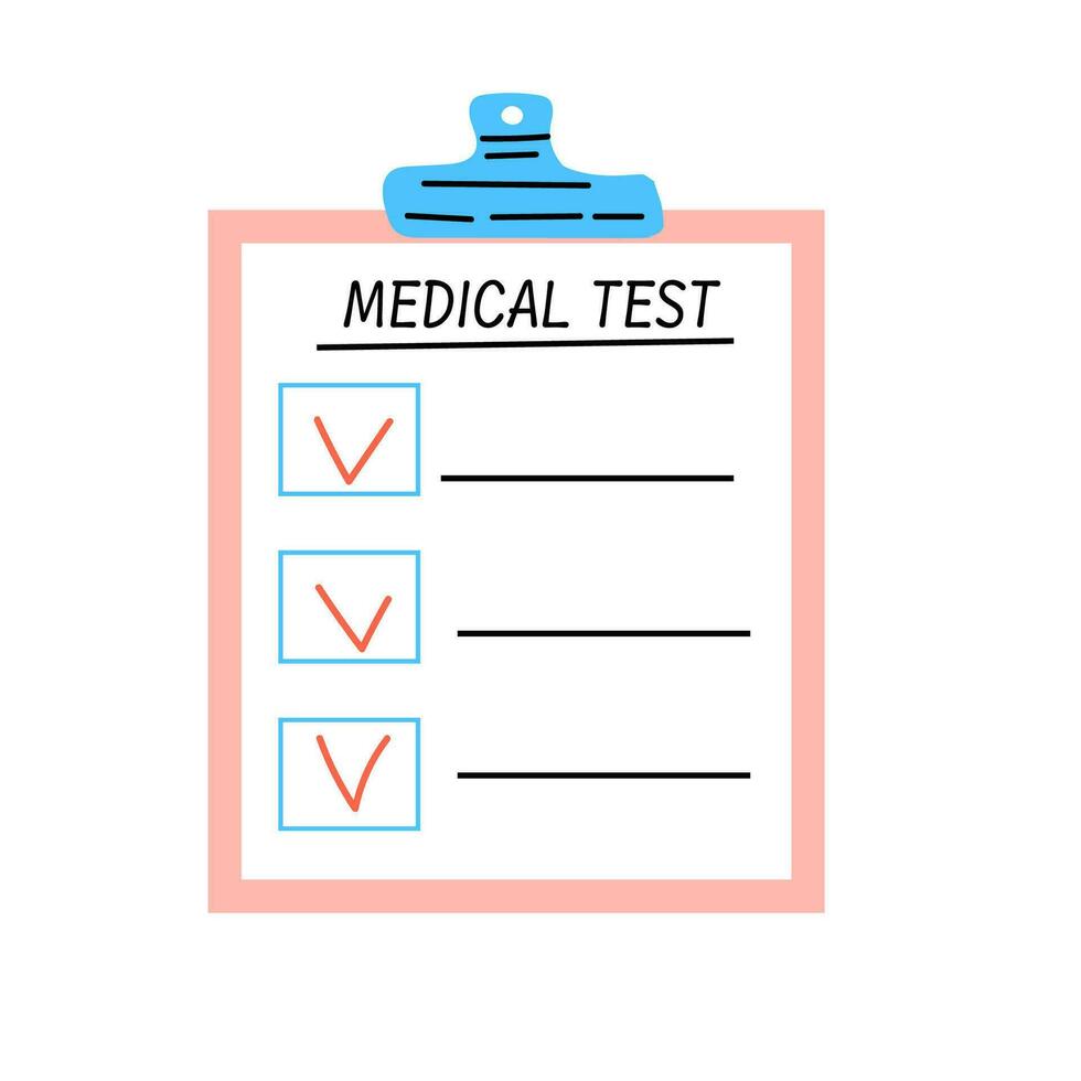 Medical checklist cartoon icon illustration. Vector illustration isolated in simple flat style. Can used for kids education card, label, banner. Cartoon cute checklist, to do list of medical test.