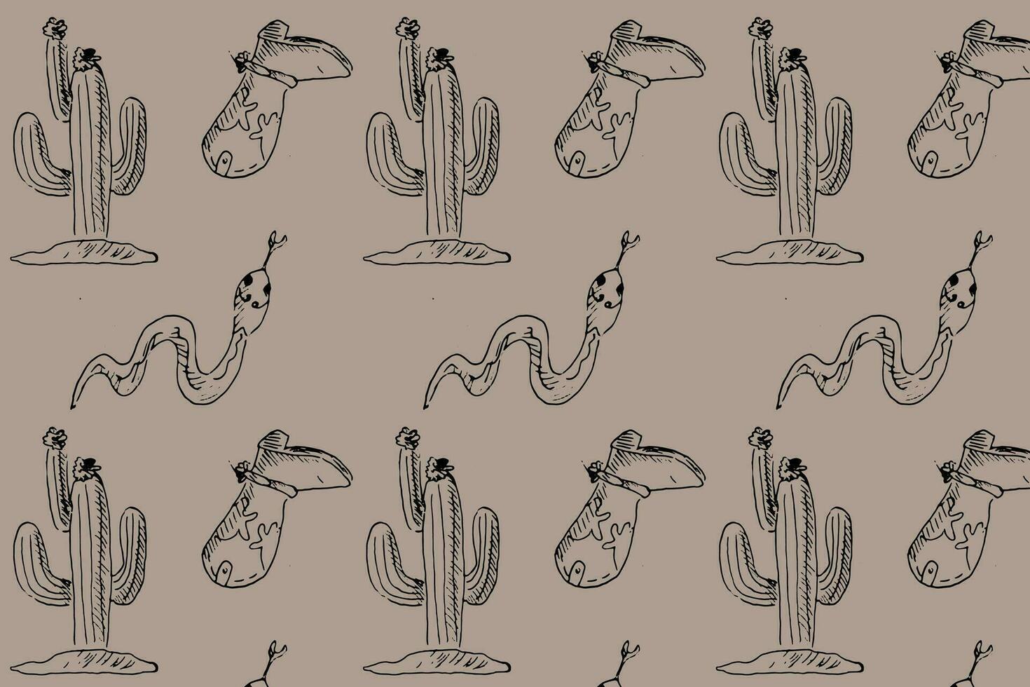 Hand drawn sketch pattern wild west cactus, boots, snake. Vector illustration in retro style. Mystical cowboy or cowgirl pattern, seamless background. Vintage graphic.