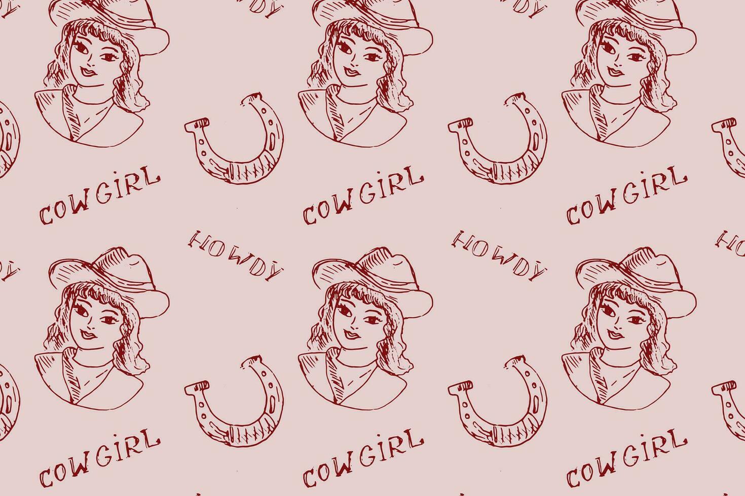 Wild west pattern with cowgirl, horseshoe and lettering. Vector illustration outline on pink background. Retro boho style. Can used for clothes, textile, fabric design. Hand drawn sketch cowgirl.