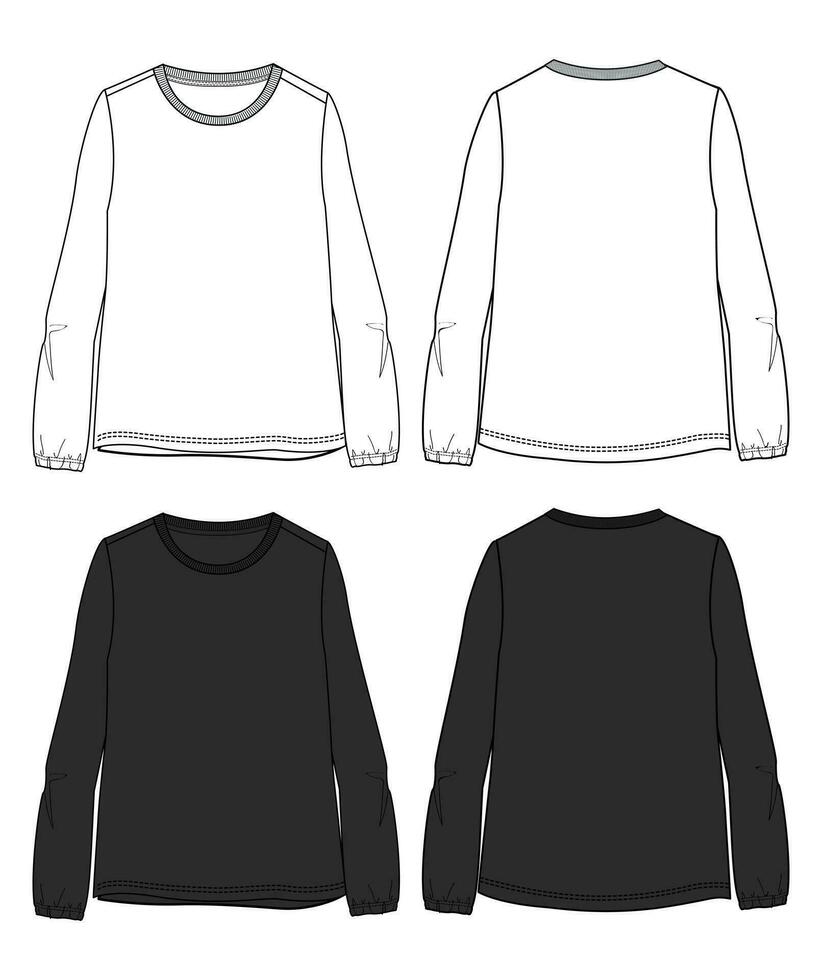 Long sleeve t shirt technical drawing fashion flat sketch vector illustration white and black color template for women's