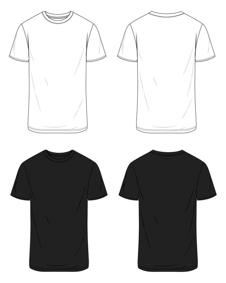 White and Black color Short sleeve t shirt technical drawing fashion flat sketch vector illustration template front and back views.