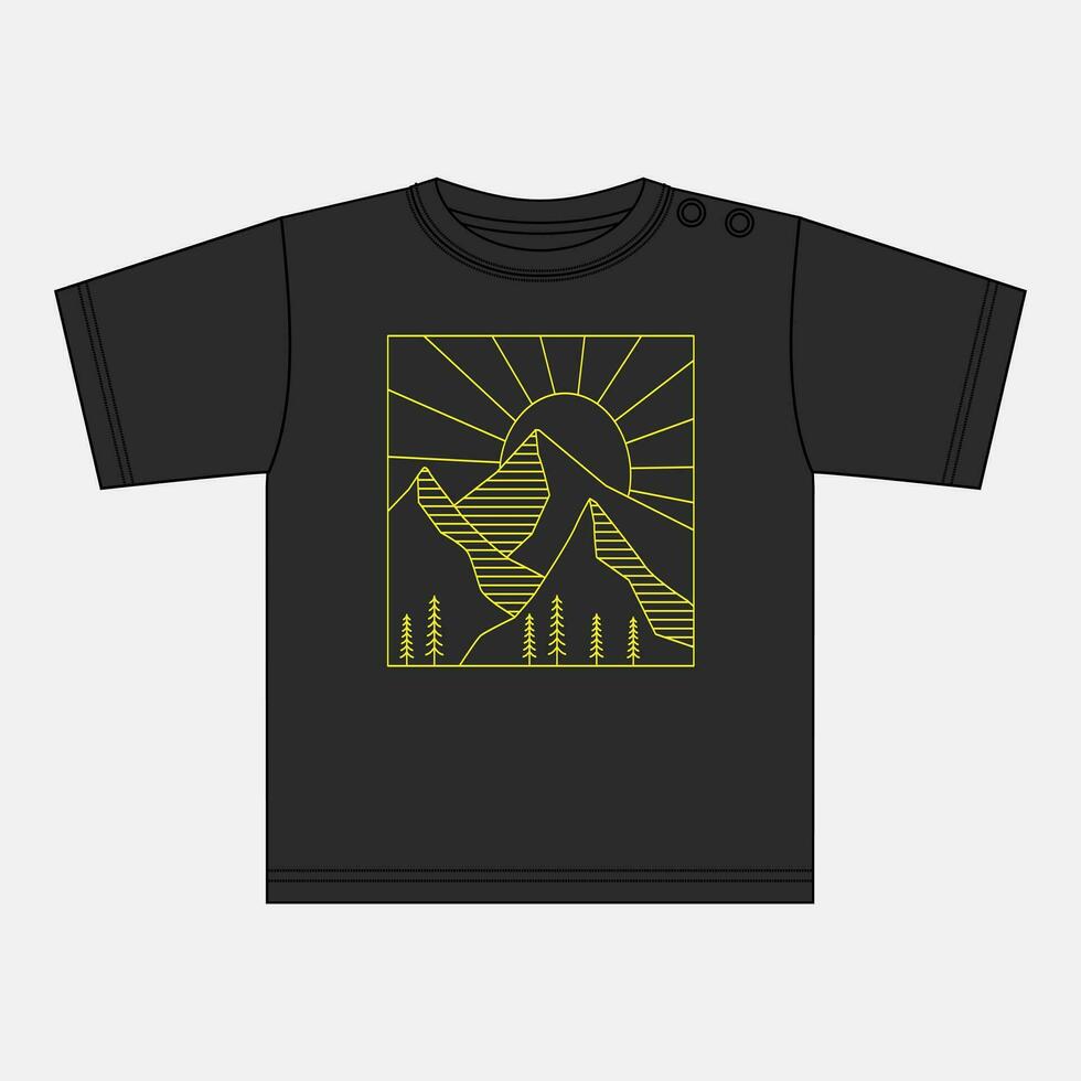 Hand drawing outline hill with sun vector illustration t shirt chest print design for kids isolated on black t shirt mock up views