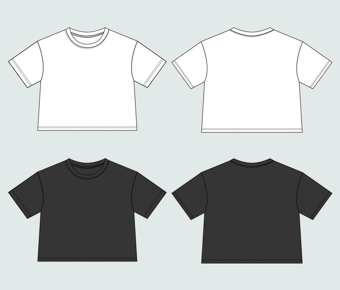 White and black color Short sleeve Basic T-shirt tops technical fashion flat sketch vector Illustration template front and back views.