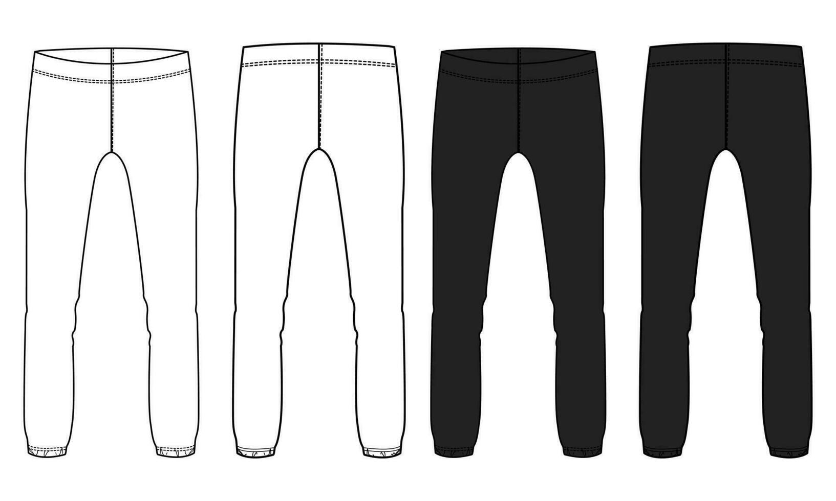 White and black color leggings pant technical drawing fashion flat sketch vector illustration template front and back views