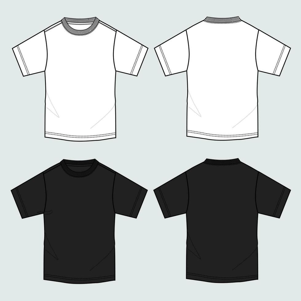 blanco y negro color corto manga t camisa técnico dibujo Moda plano bosquejo vector ilustración modelo frente y espalda puntos de vista.