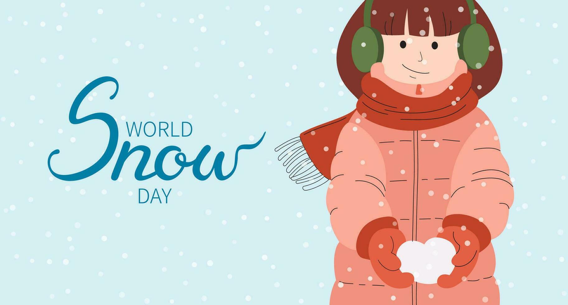 World Snow Day banner. Girl holds heart of snow. Girl in winter clothes, pink down jacket and scarf. Snow lettering. Winter view background. Hand drawn vector flat illustration.