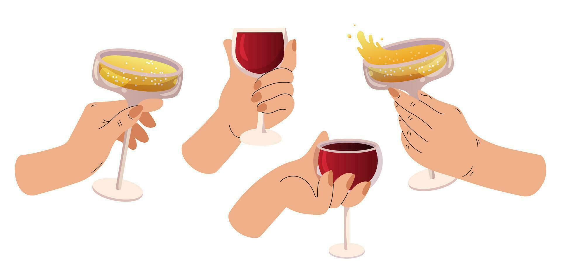 Hands hold champagne and cocktail glass clink set. Festive card champagne and wine for the New Year. Cheers celebration concept. Festive illustration for Christmas. Vector flat illustration.