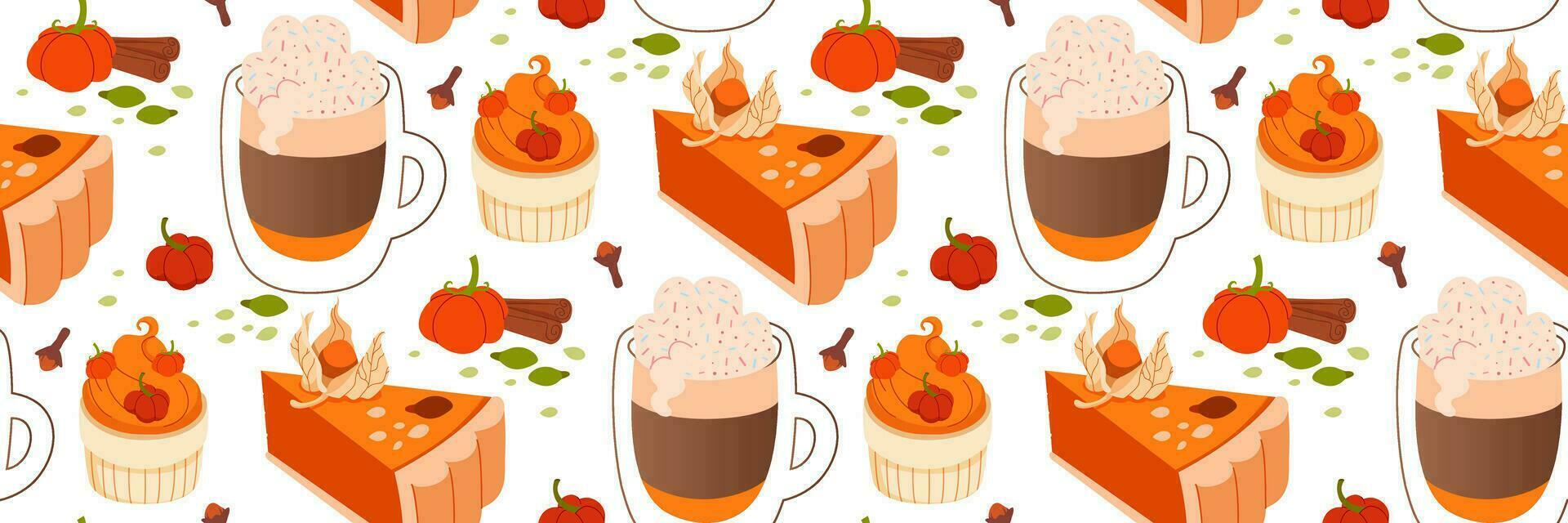 Autumn Pumpkin spice seamless pattern. Delicious winter pastries on white background. Autumn food and drinks. Collection of tasty sweet desserts. For fabric print wallpaper. Vector flat illustration.