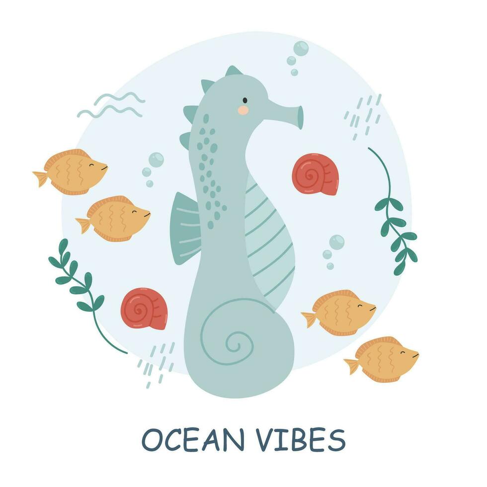 vector ilustraciones con leyendas y mar animales linda bebé ilustraciones con frases para póster, saludo tarjeta, bandera y volantes. mar habitantes y agua plantas.