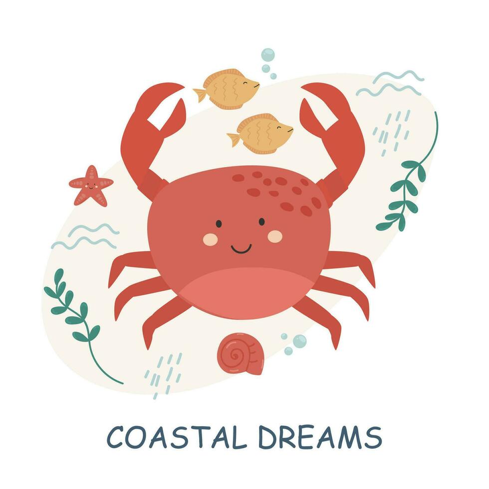 vector illustrations with letterings and sea animals. Cute baby illustrations with phrases for poster, greeting card, banner and flyer. Sea inhabitants and water plants.