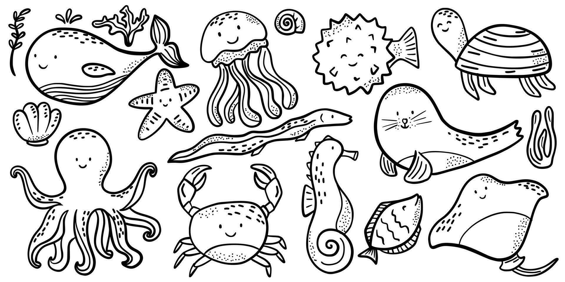 Fish and wild marine animals are isolated on white background. Inhabitants of the sea world, cute, funny underwater creatures dolphin, shark, ocean crabs, sea turtle, shrimp. Flat cartoon illustration vector