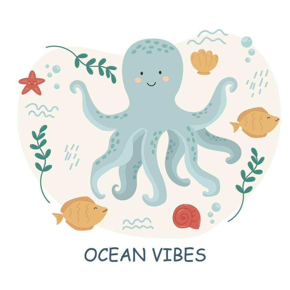 vector ilustraciones con leyendas y mar animales linda bebé ilustraciones con frases para póster, saludo tarjeta, bandera y volantes. mar habitantes y agua plantas.