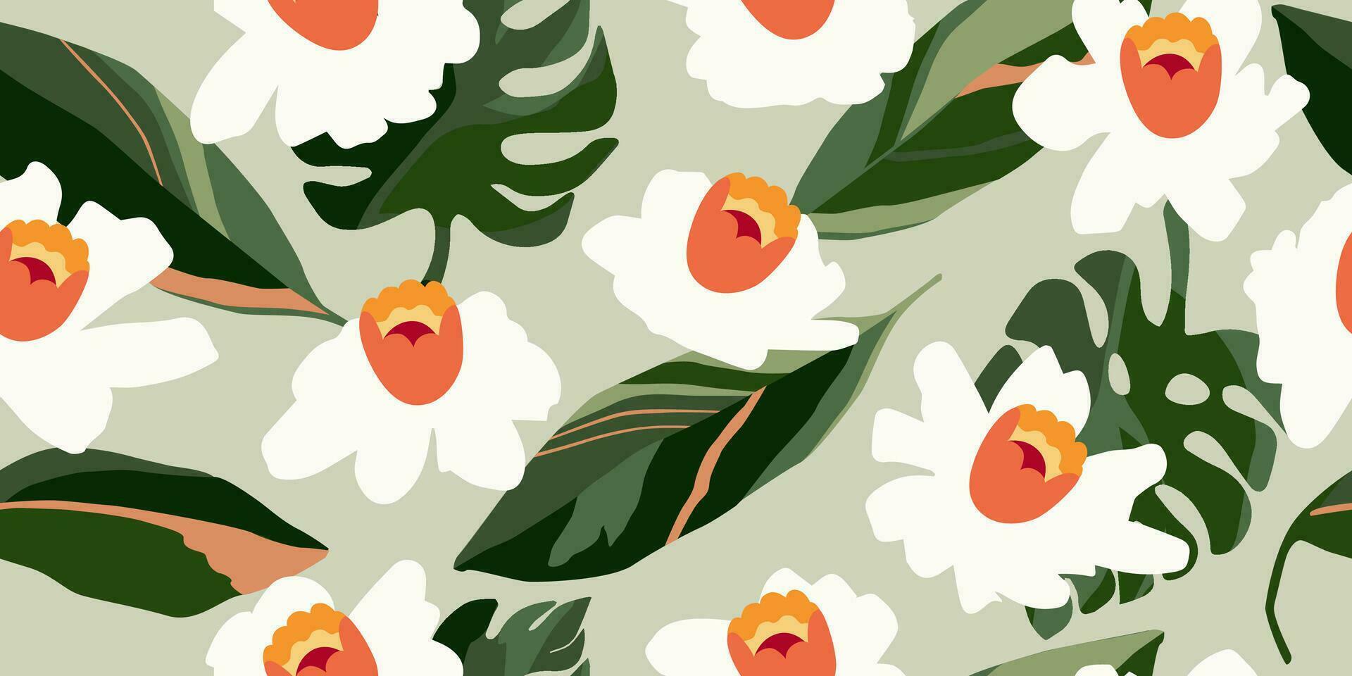 Hand drawn tropical flowers, seamless patterns with floral for fabric, textiles, clothing, wrapping paper, cover, banner, interior decor, abstract backgrounds. vector illustration.