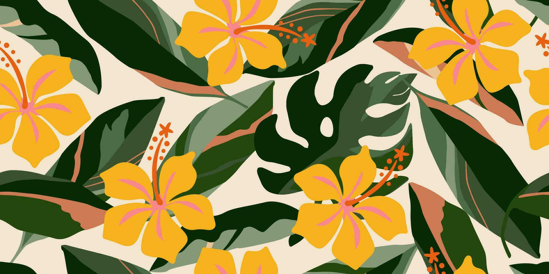 Hand drawn tropical flowers, seamless patterns with floral for fabric, textiles, clothing, wrapping paper, cover, banner, interior decor, abstract backgrounds. vector illustration.