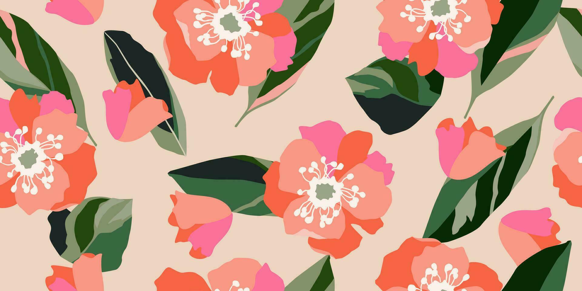 Hand drawn tropical flowers, seamless patterns with floral for fabric, textiles, clothing, wrapping paper, cover, banner, interior decor, abstract backgrounds. vector illustration.