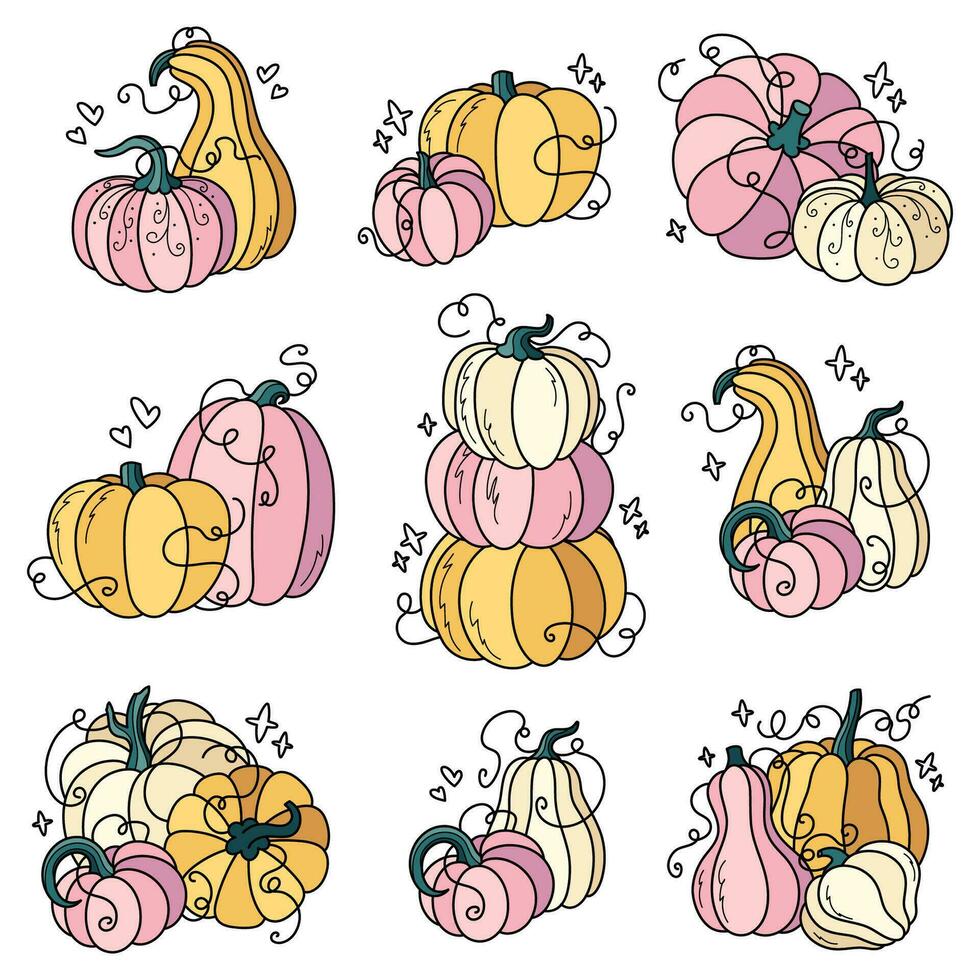 Autumn pumpkins collection. Set of vector hand-drawn cute and cozy design elements.