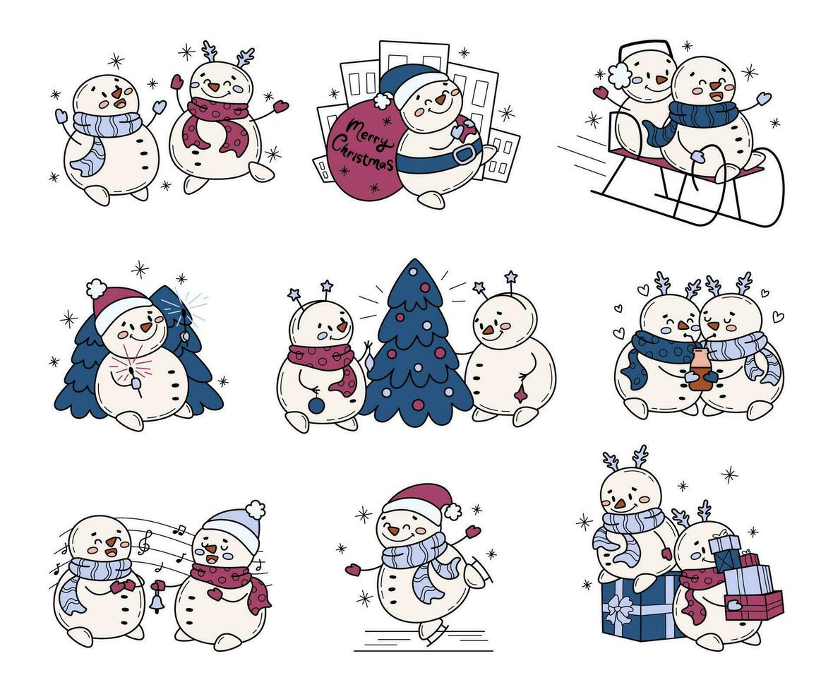 linda contento muñecos de nieve invierno dibujado a mano ilustración. fiesta actividades. dibujos animados caracteres para Navidad y nuevo año estacional diseño. vector