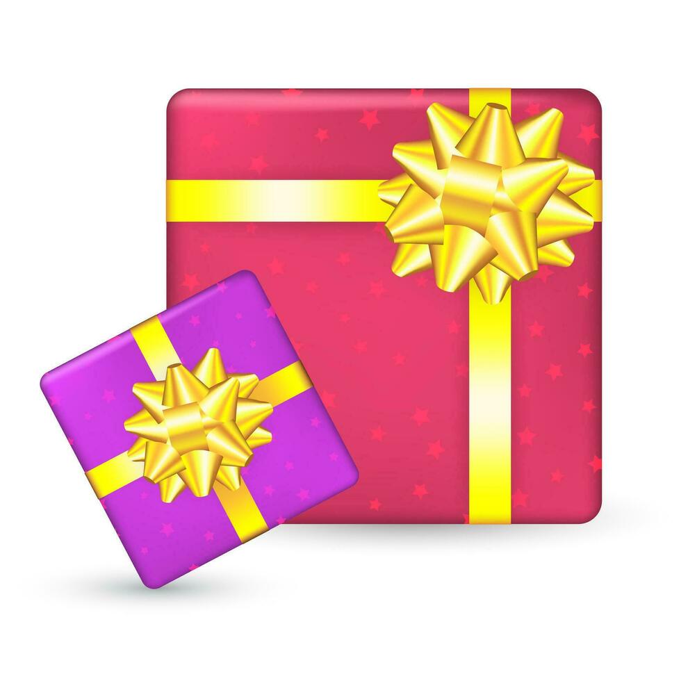 Big yellow bow on a gift box top view. EPS10 vector birthday background