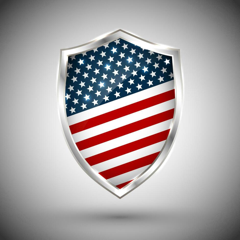 President's day shield banner with stars and stripes presentation. Independence Day shield icon with USA flag. Protect privacy badge. United States of American President holiday. Veterans Day shield vector