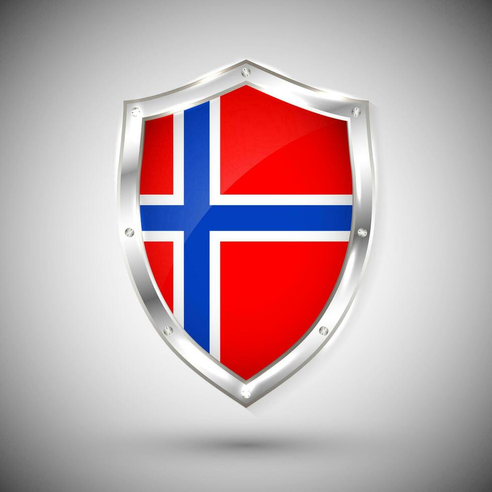 Norway flag on metal shiny shield vector illustration. Collection of flags on shield against white background. Abstract isolated object