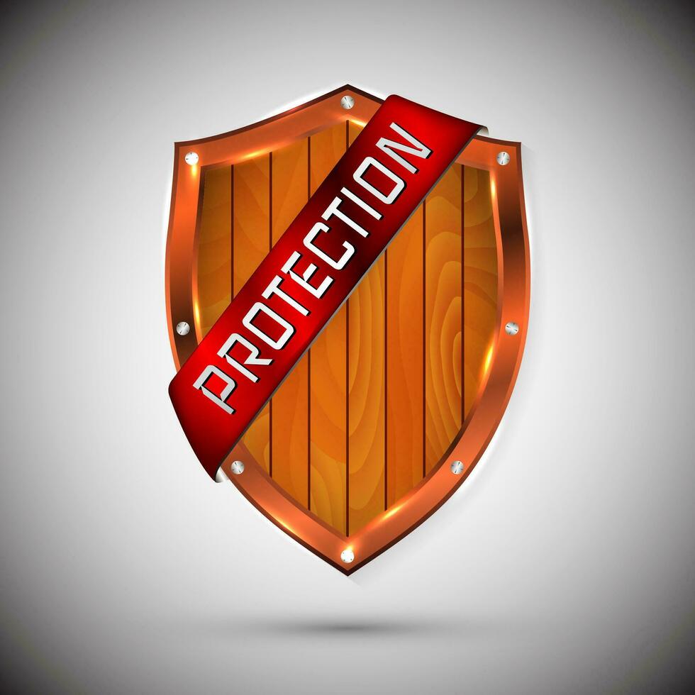 Protection shield concept with banner. Safety badge icon. Privacy banner. Security label. Defense tag. Presentation sticker shape. Defense sign. Vector illustration