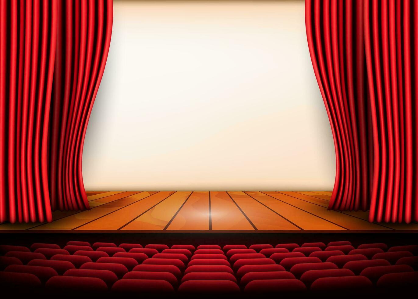 Theatrical scene with red curtains and wooden floor. Stock vector illustration