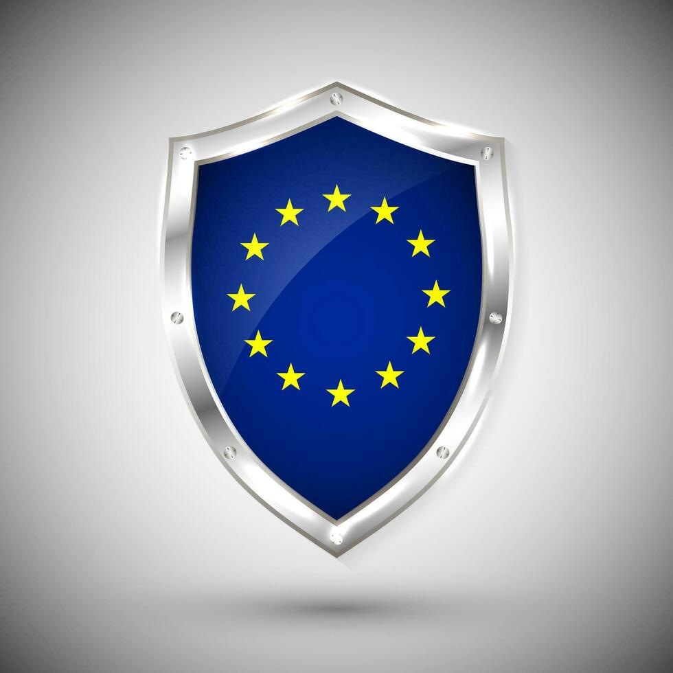 Europe flag on metal shiny shield vector illustration. Collection of flags on shield against white background. Abstract isolated object