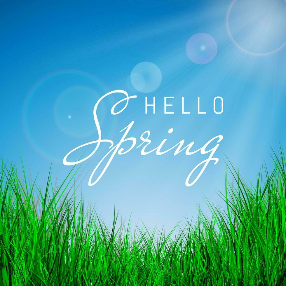 Hello Spring Poster With green grass and blue sky, Vector Illustration