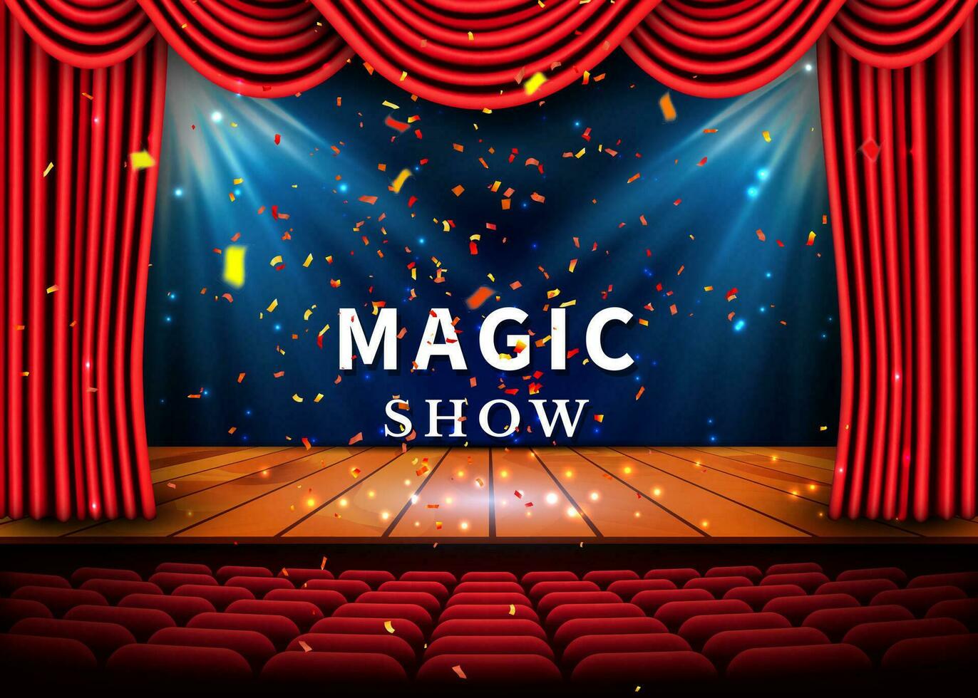 un teatro etapa con un rojo cortina y un destacar y de madera piso. magia espectáculo póster. vector