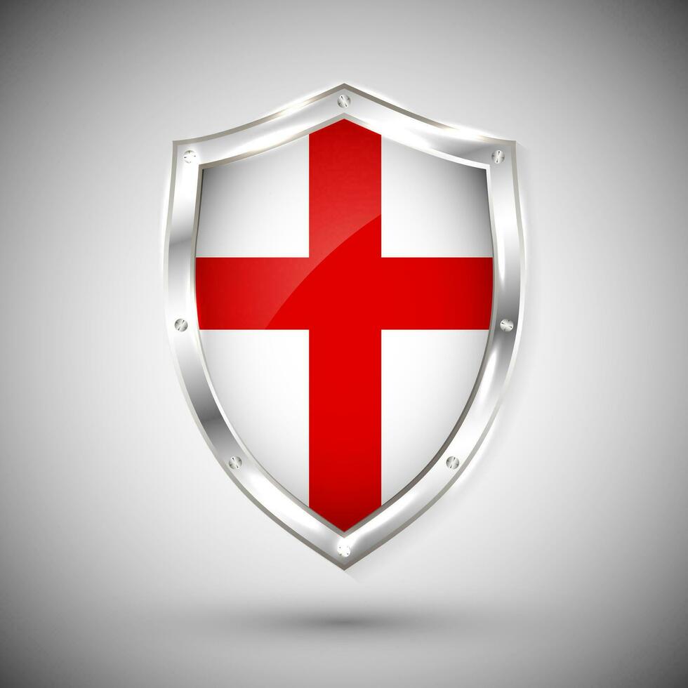 Enfland flag on metal shiny shield vector illustration. Collection of flags on shield against white background. Abstract isolated object