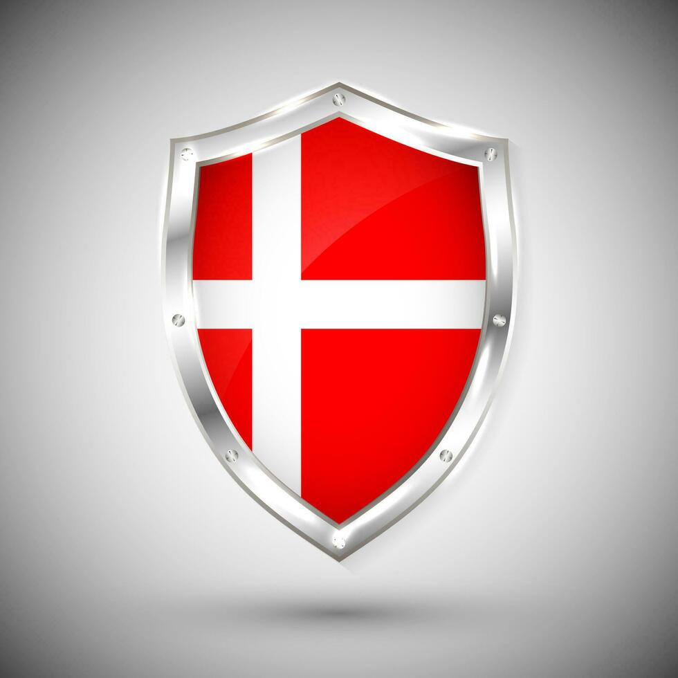 Dinamarca bandera en metal brillante proteger vector ilustración. colección de banderas en proteger en contra blanco antecedentes. resumen aislado objeto