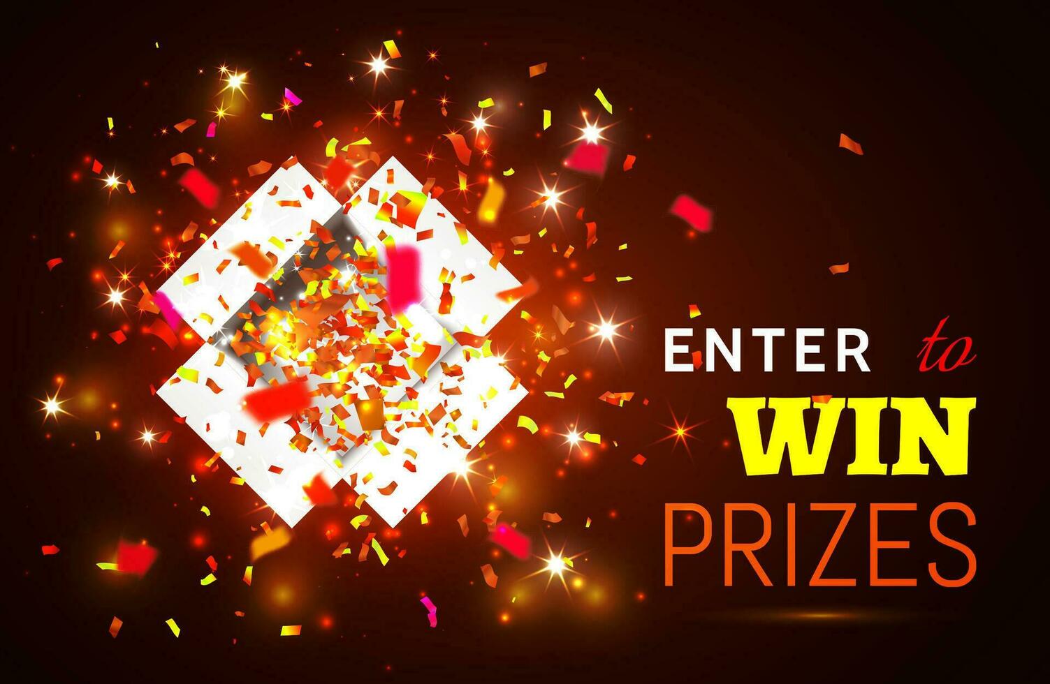 Open Gift Box and Confetti on red background. Enter to Win Prizes. Vector Illustration