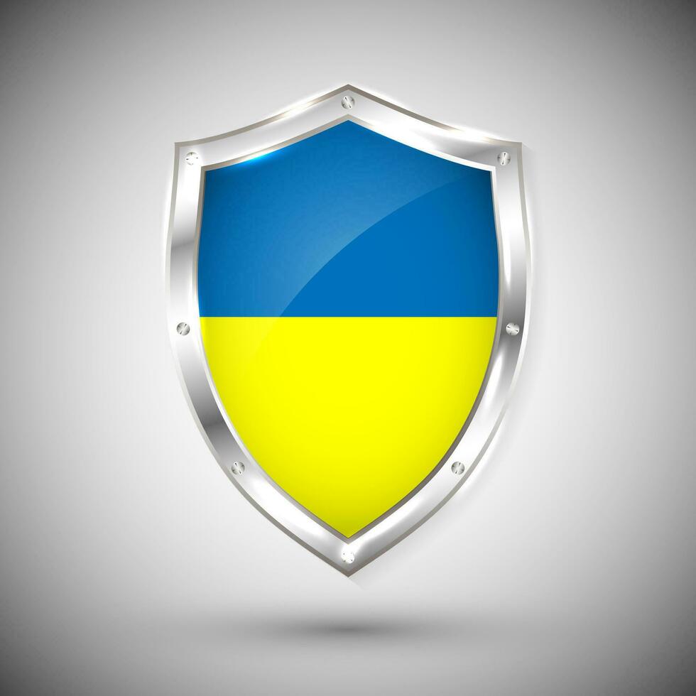 Ukraine flag on metal shiny shield vector illustration. Collection of flags on shield against white background. Abstract isolated object
