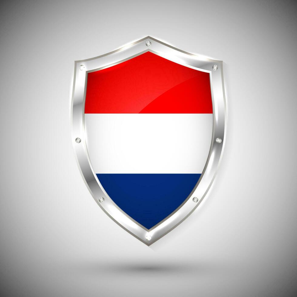 Holanda bandera en metal brillante proteger vector ilustración. colección de banderas en proteger en contra blanco antecedentes. resumen aislado objeto