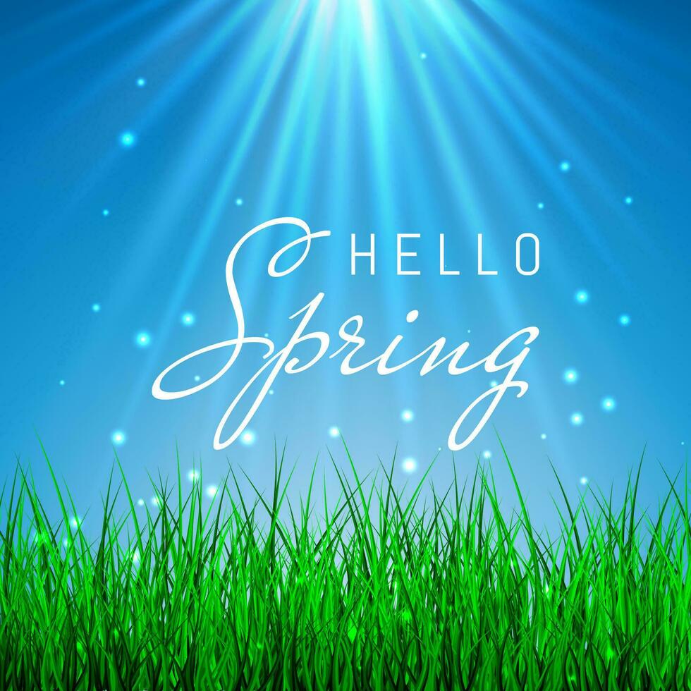 Hello Spring Poster With green grass and blue sky, Vector Illustration